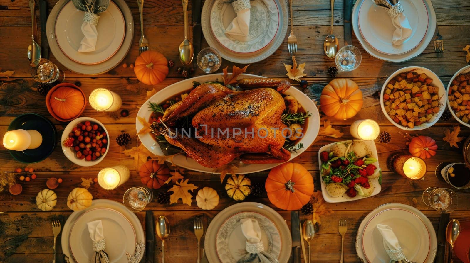 A table with a large turkey and many other dishes, including a pumpkin pie. The table is set for a Thanksgiving dinner