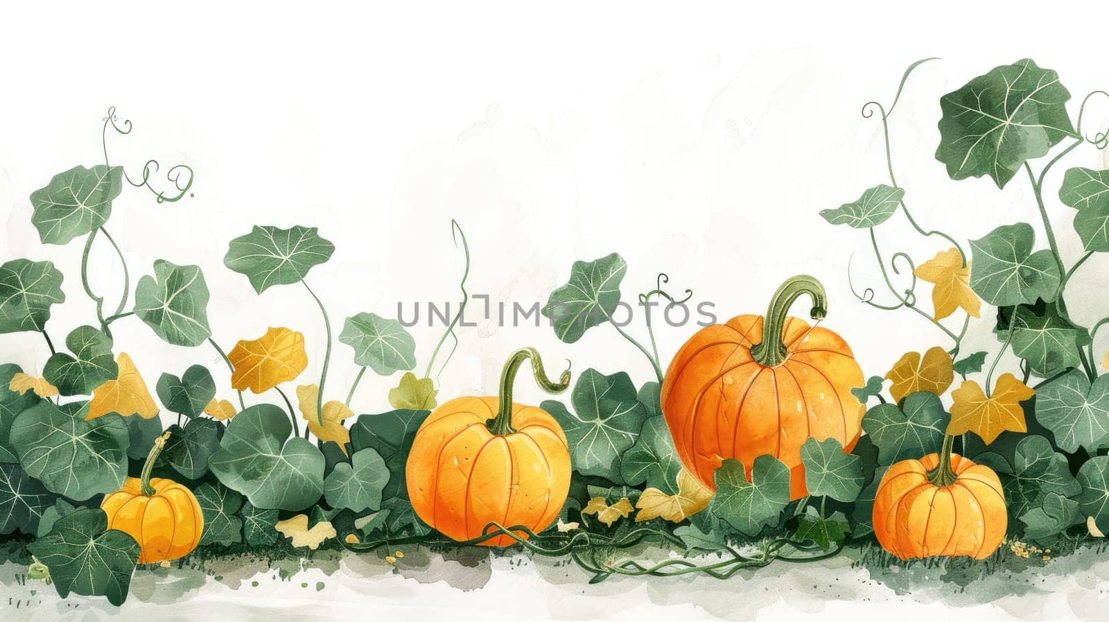 A row of pumpkins with green leaves in the background. The pumpkins are orange and are arranged in a line