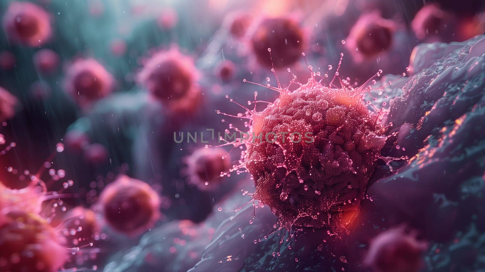 A close-up, microscopic image of a cancer cell spreading through a human body, with numerous other cells visible in the background. The image is rendered in a realistic style, showing the cells complex structure and the surrounding tissue.