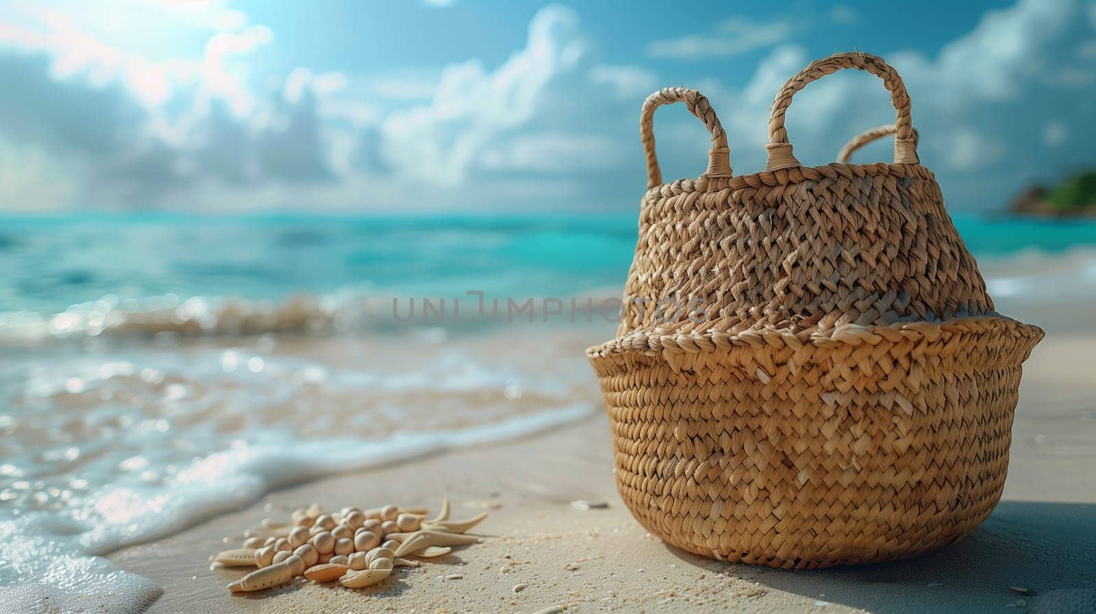 A wicker basket sits on a sandy beach with turquoise water lapping at the shore. The sun shines brightly, casting a warm glow over the scene. The basket is made of natural materials and has a woven texture. There are a few seashells scattered on the sand in the foreground.
