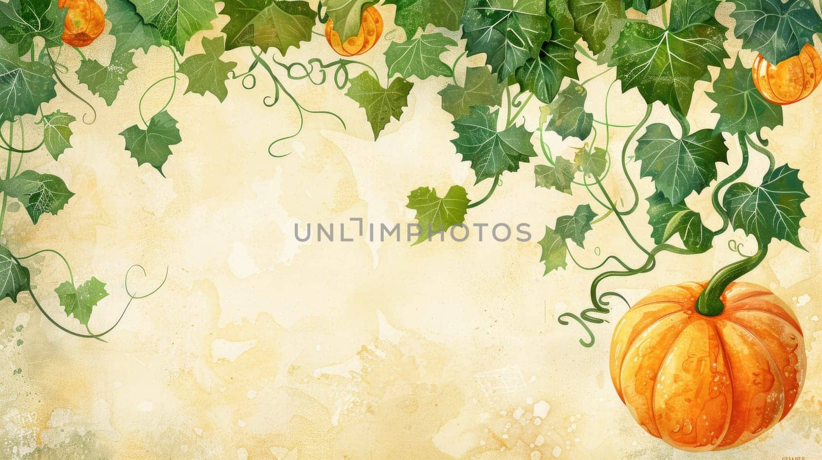 A painting of a pumpkin vine with a pumpkin on it.