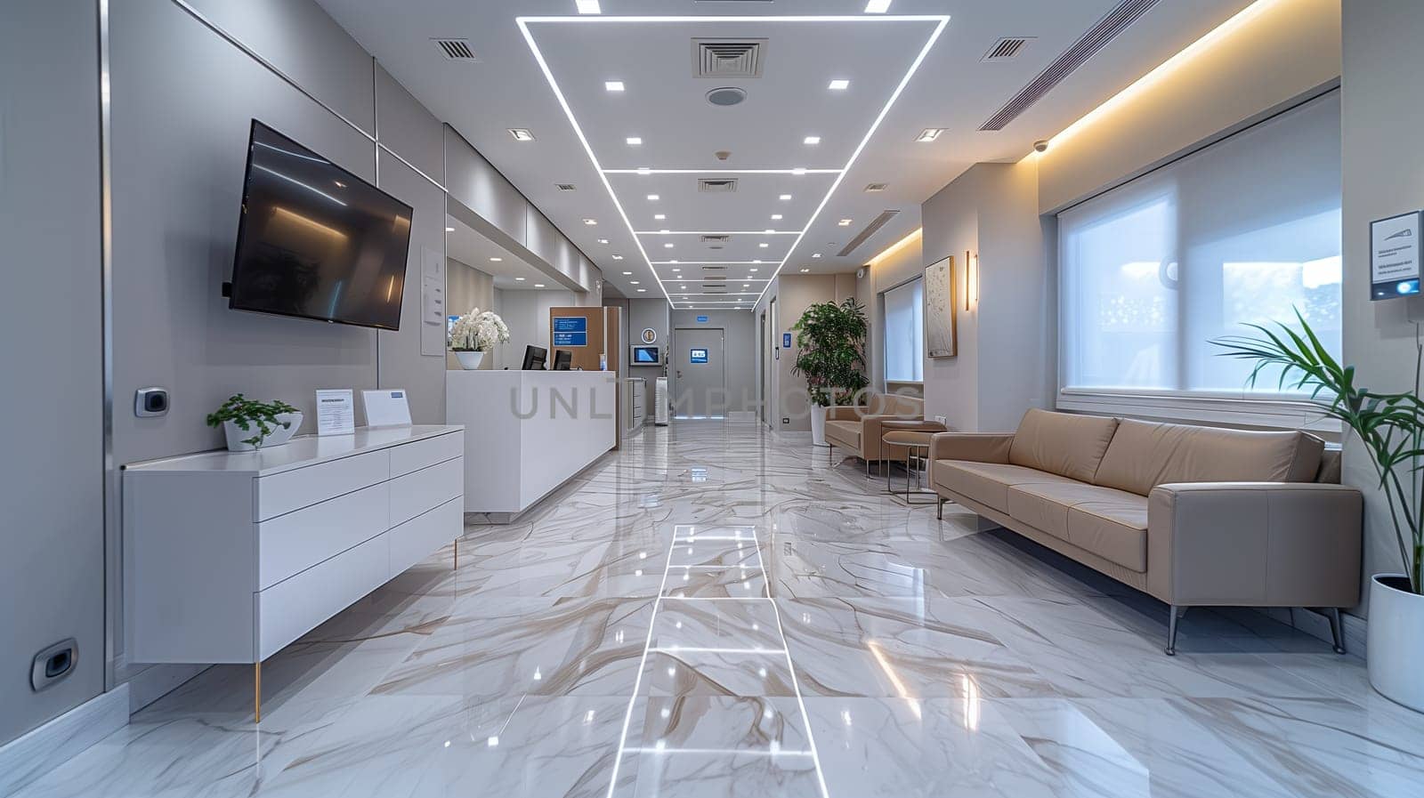 This image showcases a modern medical clinics waiting area. The space features a clean and minimalist design with a neutral color palette, white walls, and marble floors. A large, comfortable couch provides seating for patients, and a sleek reception desk is visible in the background. The space is well-lit with bright overhead lights and large windows.