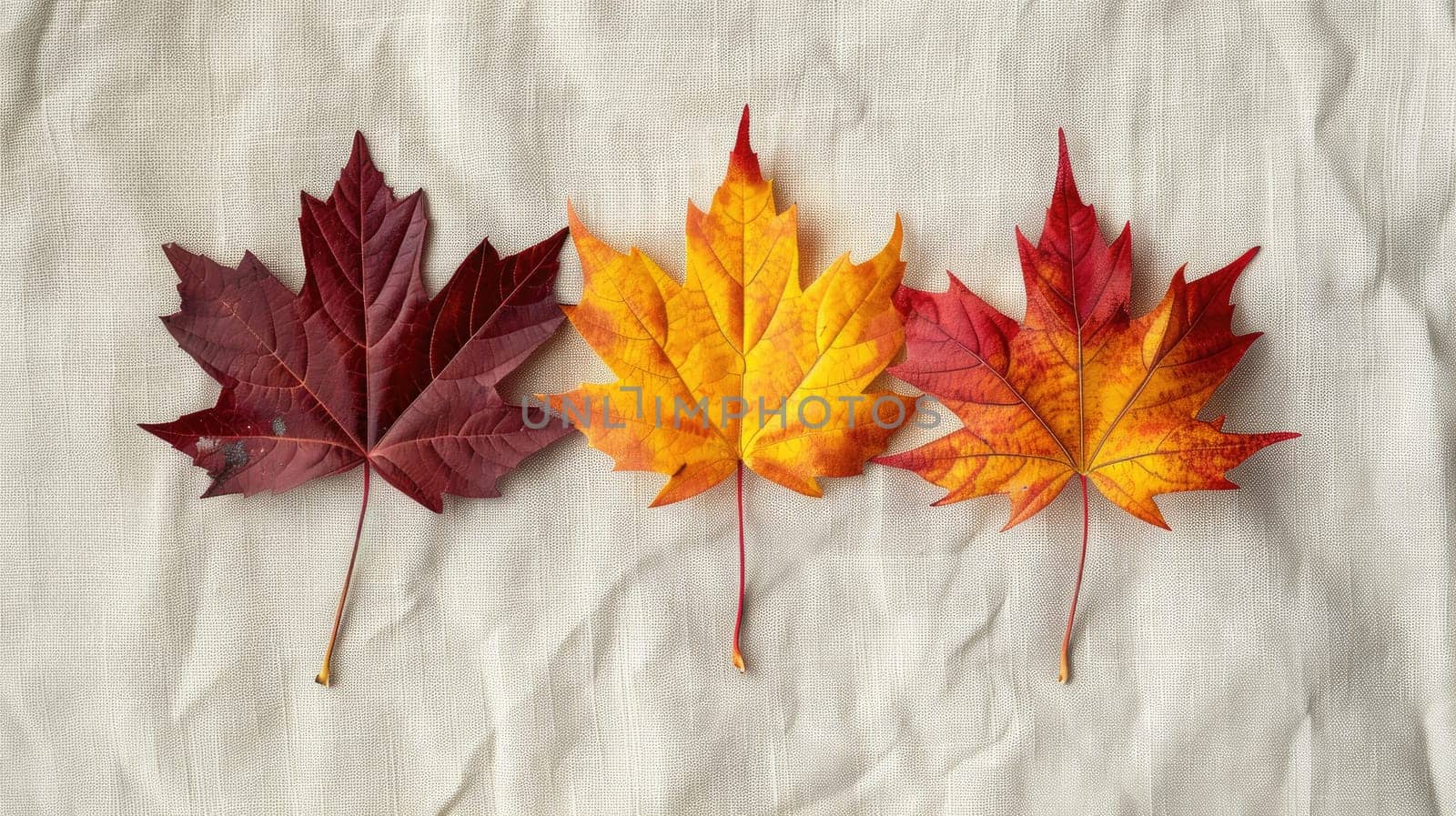 Three different colored leaves are arranged in a row on a white background. The leaves are red, yellow, and orange. Concept of autumn and the changing of the seasons