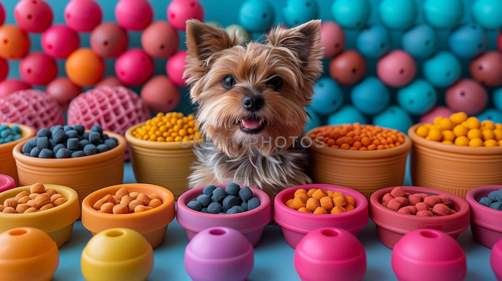 A small Yorkshire Terrier dog sits in front of a colorful backdrop of balls and bowls filled with dog treats. The dog is smiling and looking directly at the camera, surrounded by a variety of bright colors and textures.