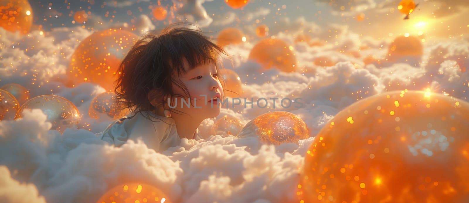A young girl with dark hair lays on a fluffy white cloud in a field of glowing orange spheres. The clouds and spheres float in a field of fluffy white clouds under a bright, golden sky. The girl is looking up at the sky, seemingly lost in thought.
