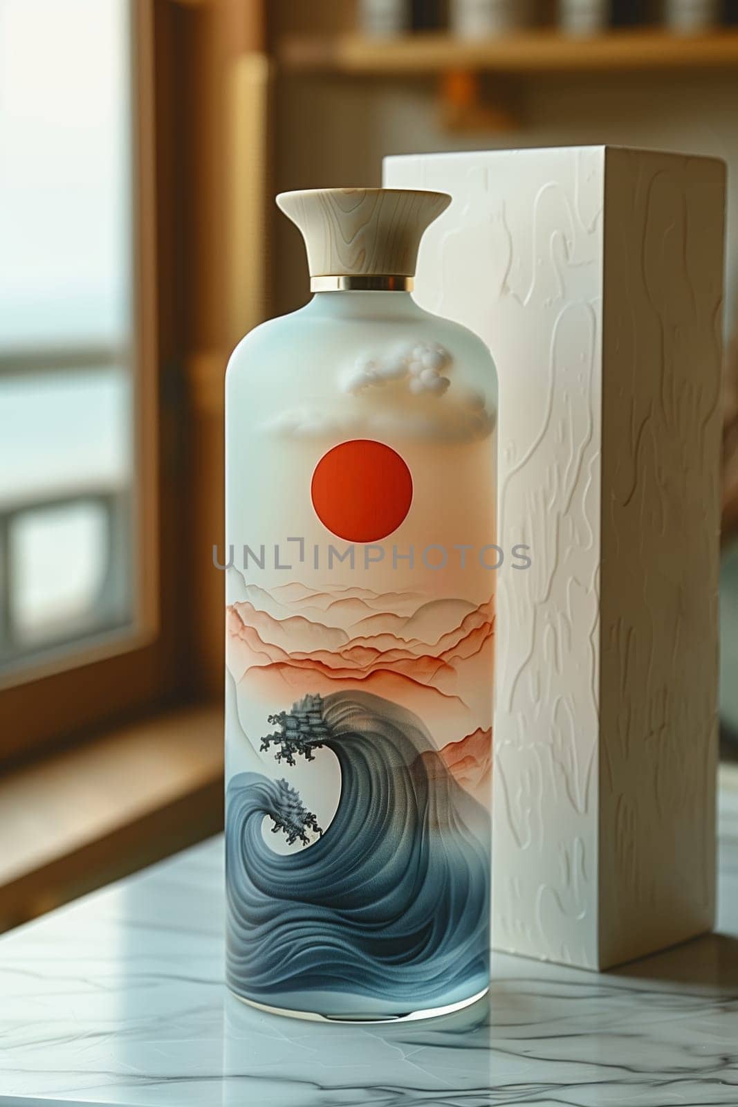 A close-up image of a white ceramic bottle with a hand-painted Japanese wave design and red sun. The bottle is sitting on a white table in front of a window and has a wooden top. The background of the image is blurred, but you can see a shelf with items on it.
