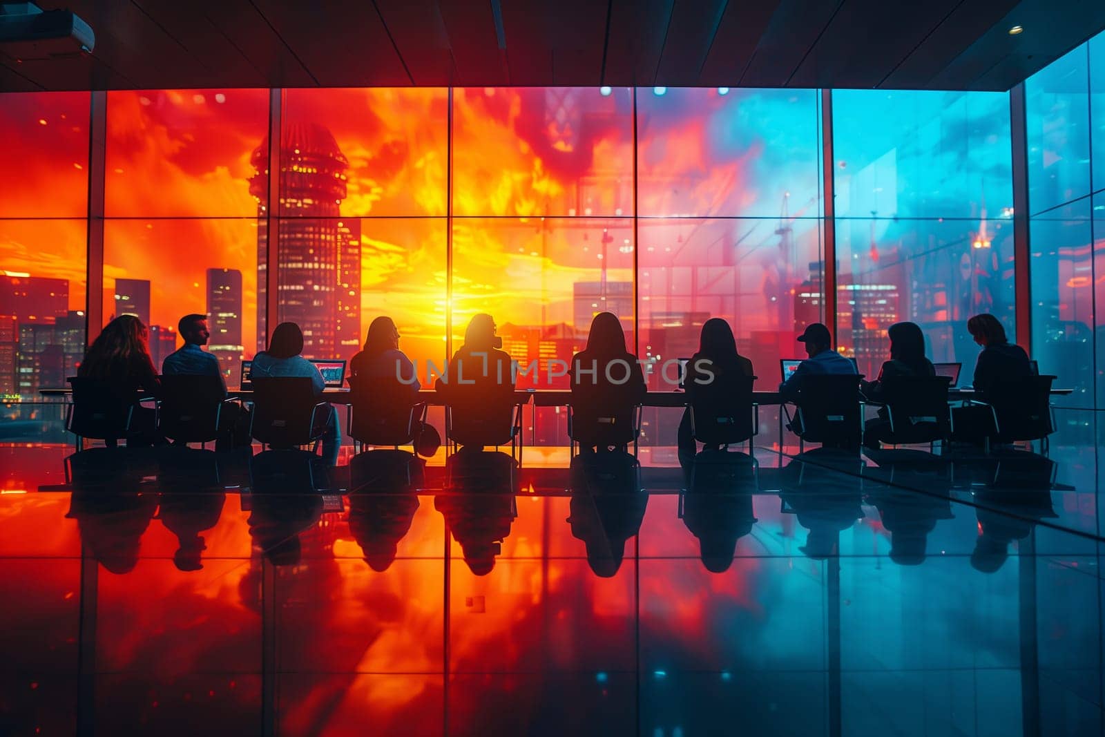 A group of people are sitting in a modern office with their backs to the camera, facing a large window overlooking a cityscape. The setting sun is casting a warm, orange glow on the city skyline. The silhouettes of the people and the buildings are visible against the vibrant sky.