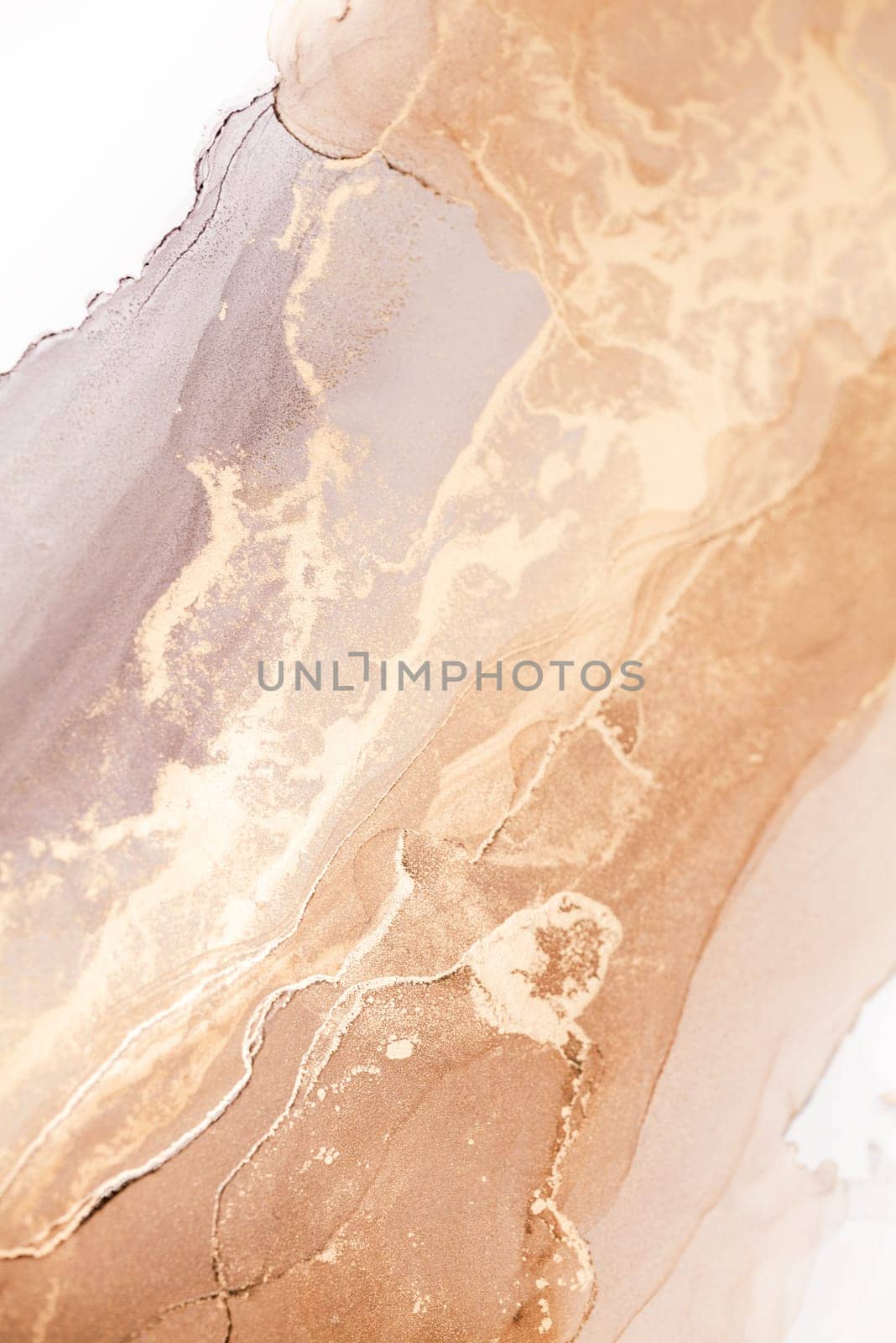 A close-up image showcasing the intricate details of a liquid abstract painting with swirling, ethereal, gold and beige hues.