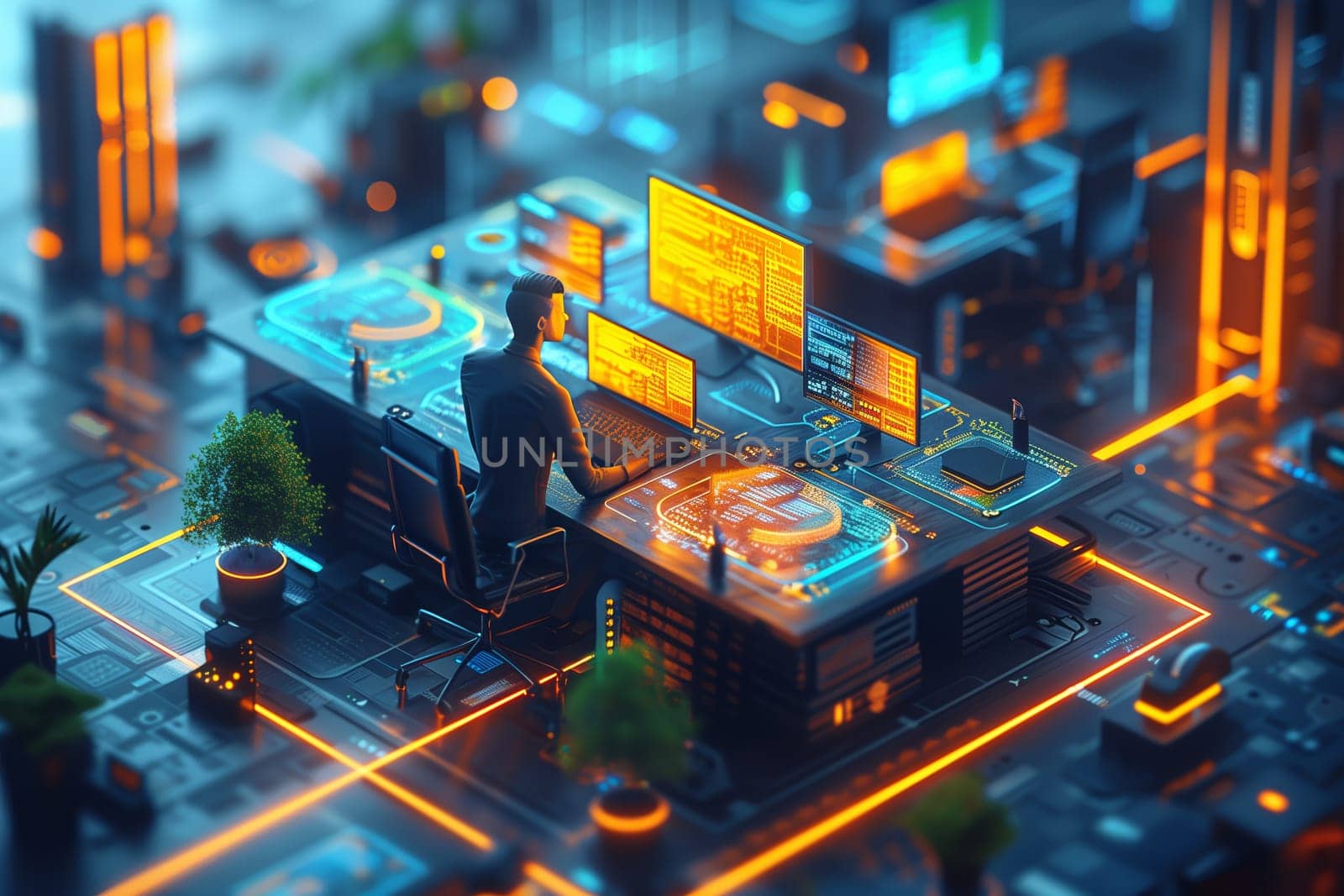 This image depicts a man working on a futuristic computer system, illuminated by glowing orange and blue lights. The man is sitting in a chair at a desk, using a keyboard and looking intently at a monitor. The system is surrounded by smaller computer components and wires, creating a complex network of technology.