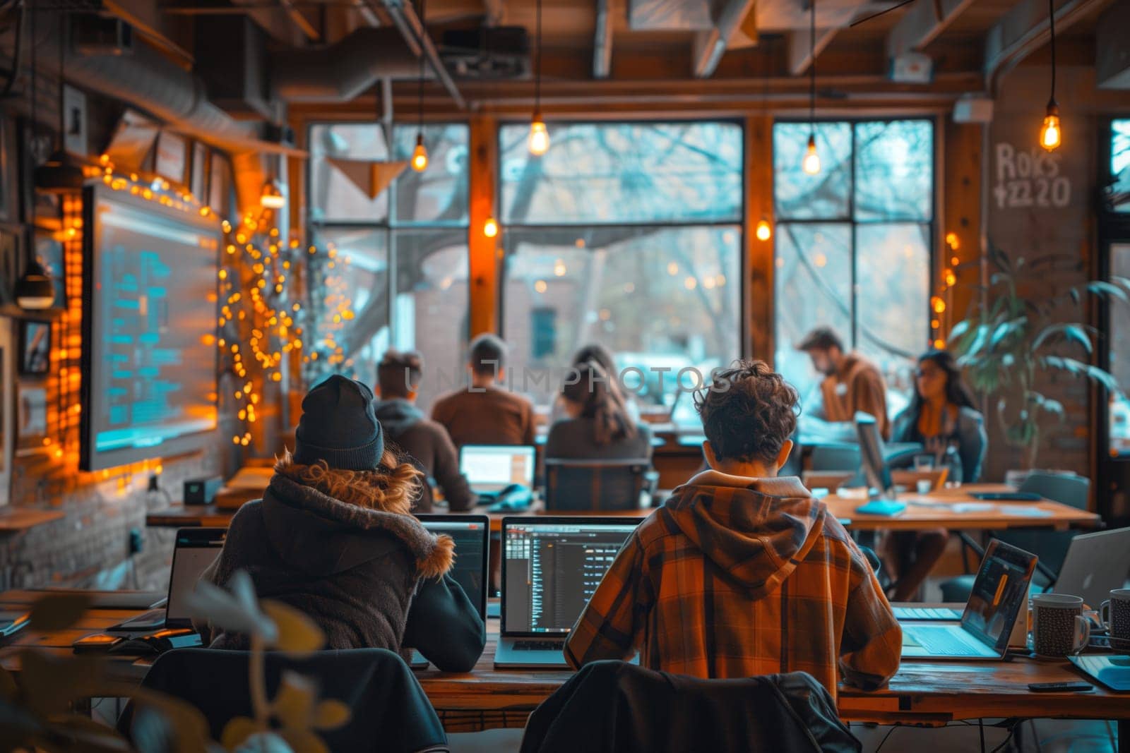 A group of people are working on their laptops in a modern cafe. The cafe has large windows, wooden floors, and exposed brick walls. The people are sitting at tables and working on their computers. There is a large screen in the background showing some sort of code. The cafe is filled with natural light coming from the windows.