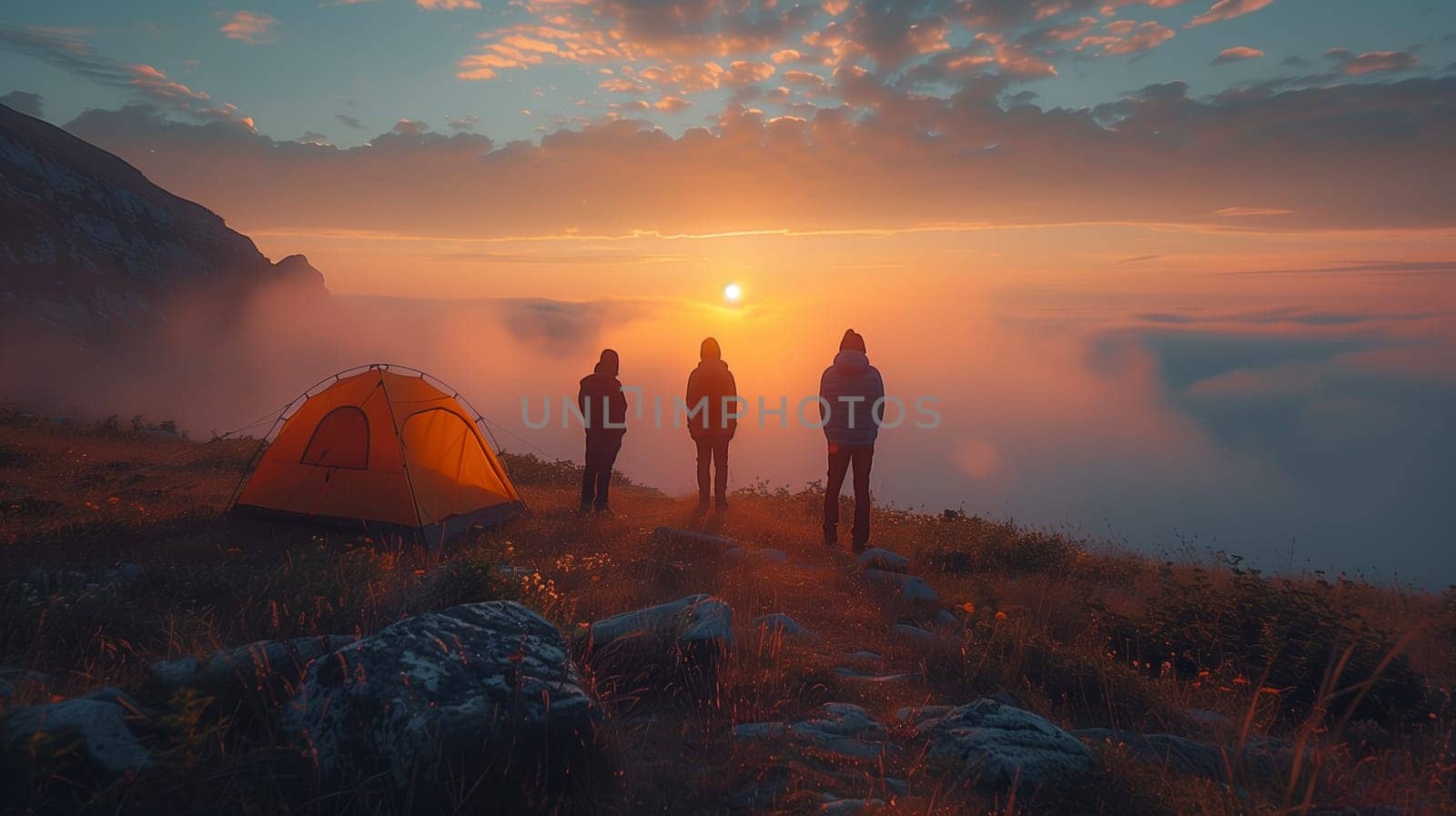 Three friends stand in silhouette against a breathtaking sunrise, their backs to the camera as they gaze out over a misty mountaintop. A single tent sits in the foreground, suggesting they have spent the night under the stars and are now enjoying the first light of day. The colors of the sky are vibrant, capturing the beauty of the natural world at its most captivating.