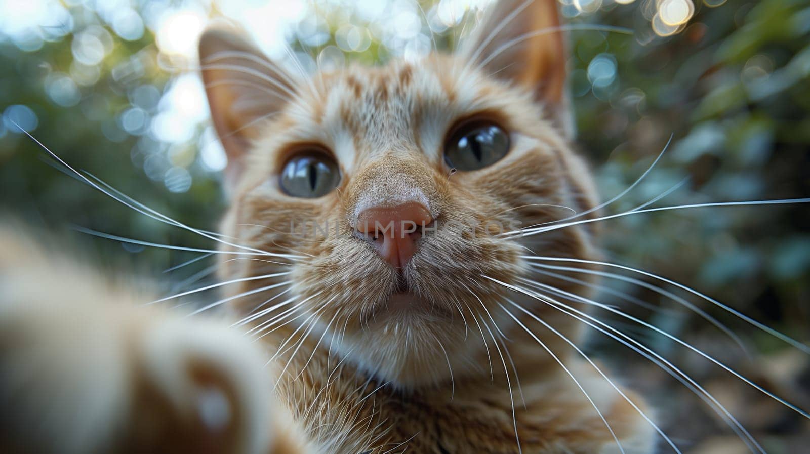 A close-up photograph of a ginger cats face, taken from a low angle. The cat has green eyes and a pink nose, and its long whiskers are in sharp focus. The background is blurry, suggesting that the cat is outdoors.