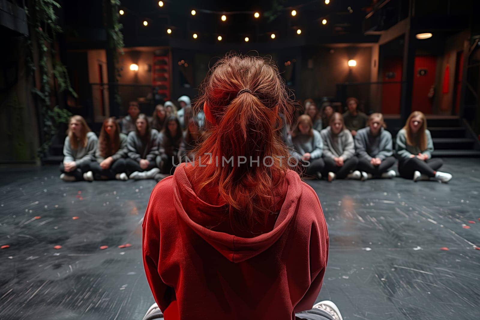 A young woman with long, red hair sits on a theatre stage facing the audience. She is wearing a red hoodie and appears to be waiting for her turn to perform. The audience is out of focus, but there are string lights strung up above the stage.