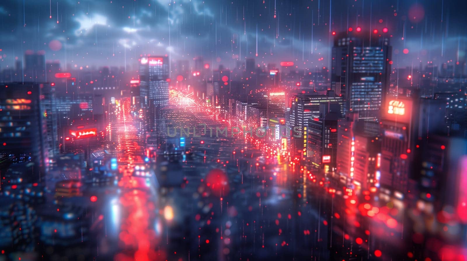 The image shows a nighttime cityscape with rain falling and neon lights illuminating the streets. The city is bustling with activity, and the rain adds a sense of mystery and intrigue. The buildings are tall and imposing, and the lights create a sense of depth and perspective. The image is a beautiful and evocative representation of urban life.