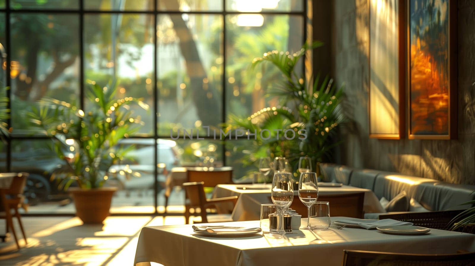 A photo of a restaurant interior with a table set for dinner. The table is covered with a white tablecloth and has two place settings, wine glasses, and a plate. The setting is near a large window, and the sunlight streams in, illuminating the table. In the background, you can see a lush green view and a second table with a similar setting.
