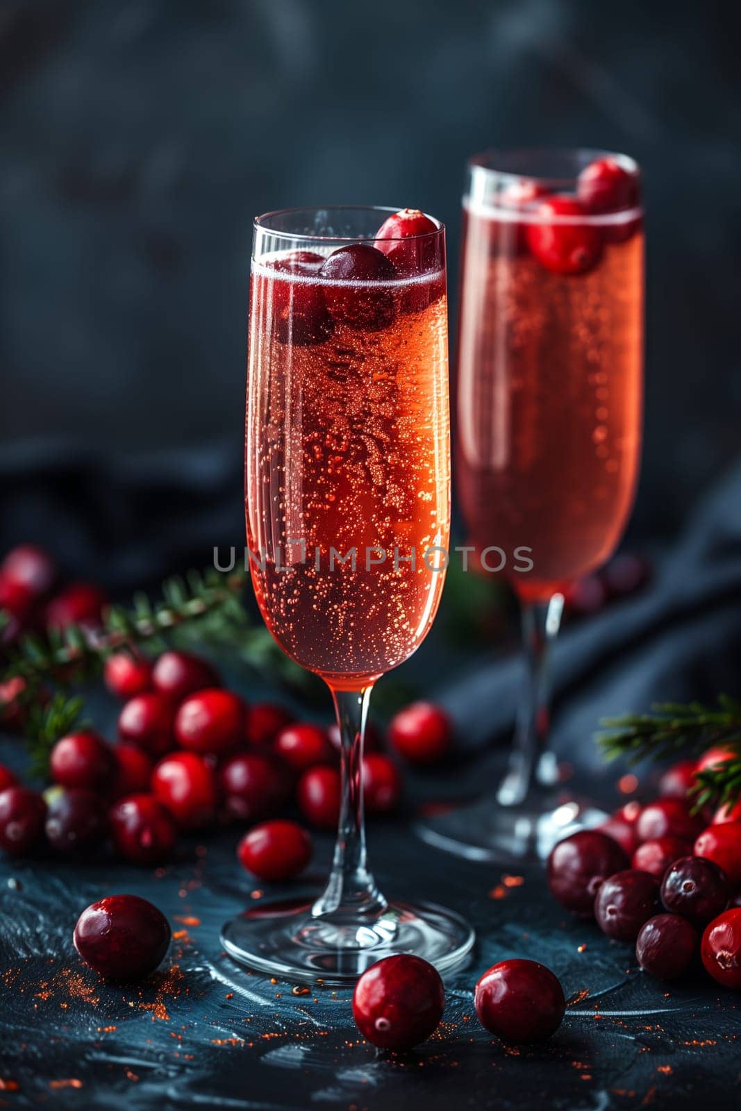 Two champagne flutes filled with sparkling cranberry juice, garnished with fresh cranberries, sit on a dark blue surface with scattered cranberries around them. The glasses have tall, thin stems and are partially filled with the pink, bubbly beverage.