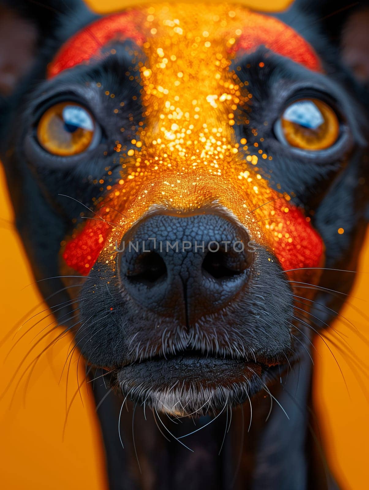 This image shows a close-up of a black dogs face. The dog has bright orange glitter on the top of its head and orange and red stripes on its face. Its eyes are wide open and staring directly at the camera. The dogs nose is wet and black, and its whiskers are visible. The background is a blur of yellow.