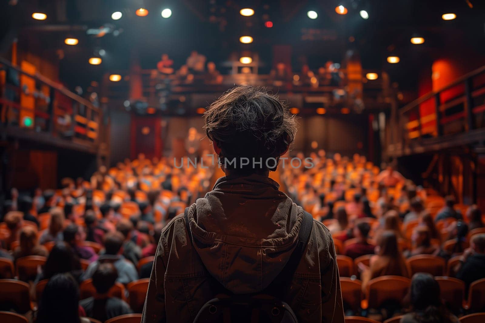 A person stands in the middle of a large, dark theater audience. The stage is visible in the background with the lights shining brightly. The audience is seated in rows of orange chairs and the person is facing away from the camera, obscured by the darkness of the theater.