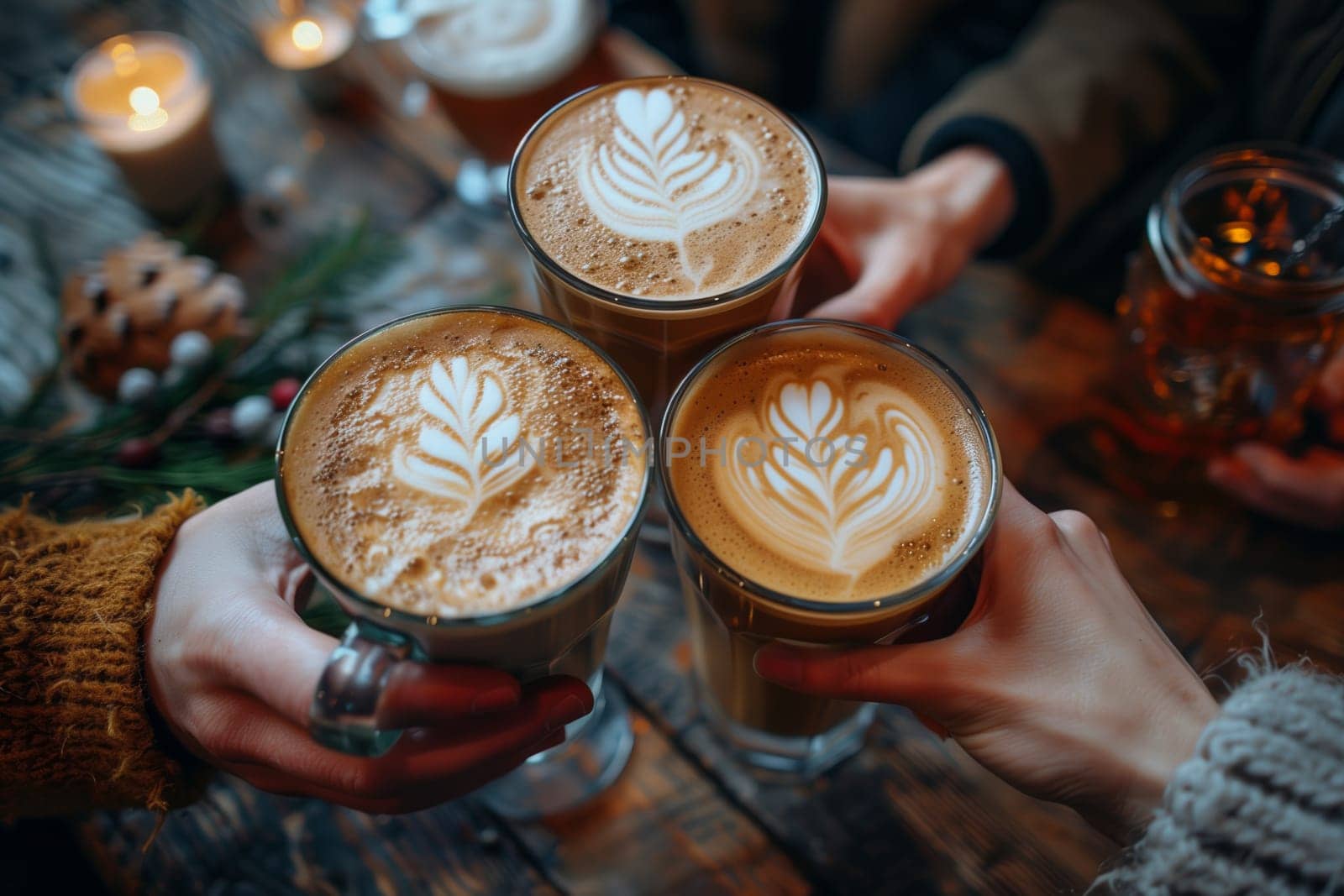 Three friends are seen holding their warm coffee drinks, all featuring intricate latte art in the shape of a leaf. The image is captured from an overhead angle, highlighting the cozy setting with a wooden table and rustic decor.