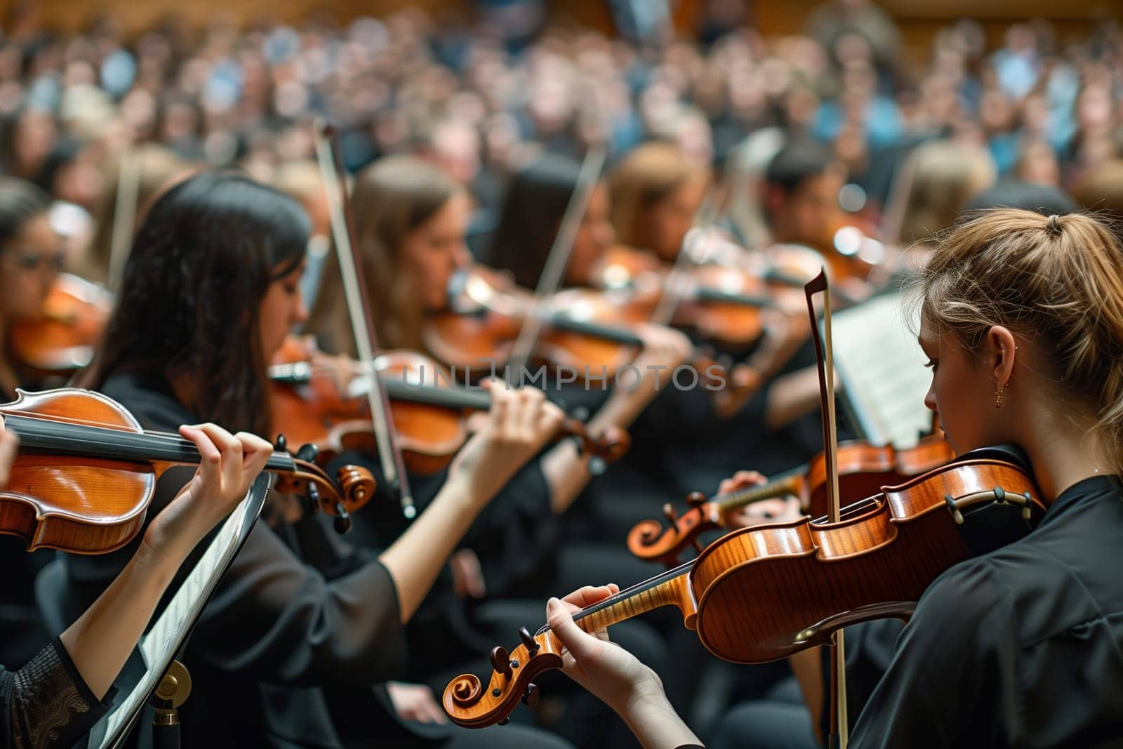 This image shows several violinists playing in a concert hall, with the audience blurred in the background. The violinists are dressed in black, and their instruments are held up in the air as they play.