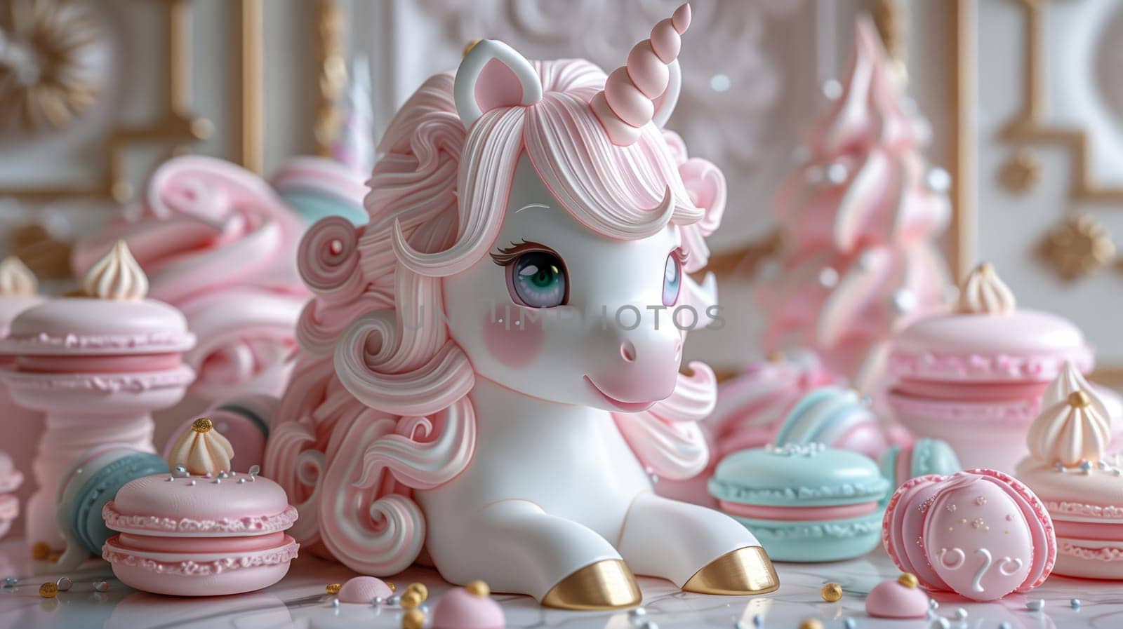 A whimsical pink unicorn figurine with a curled horn sits amidst a collection of pastel-colored macarons and other decorative treats. The scene evokes a sense of playful elegance and sweet indulgence.