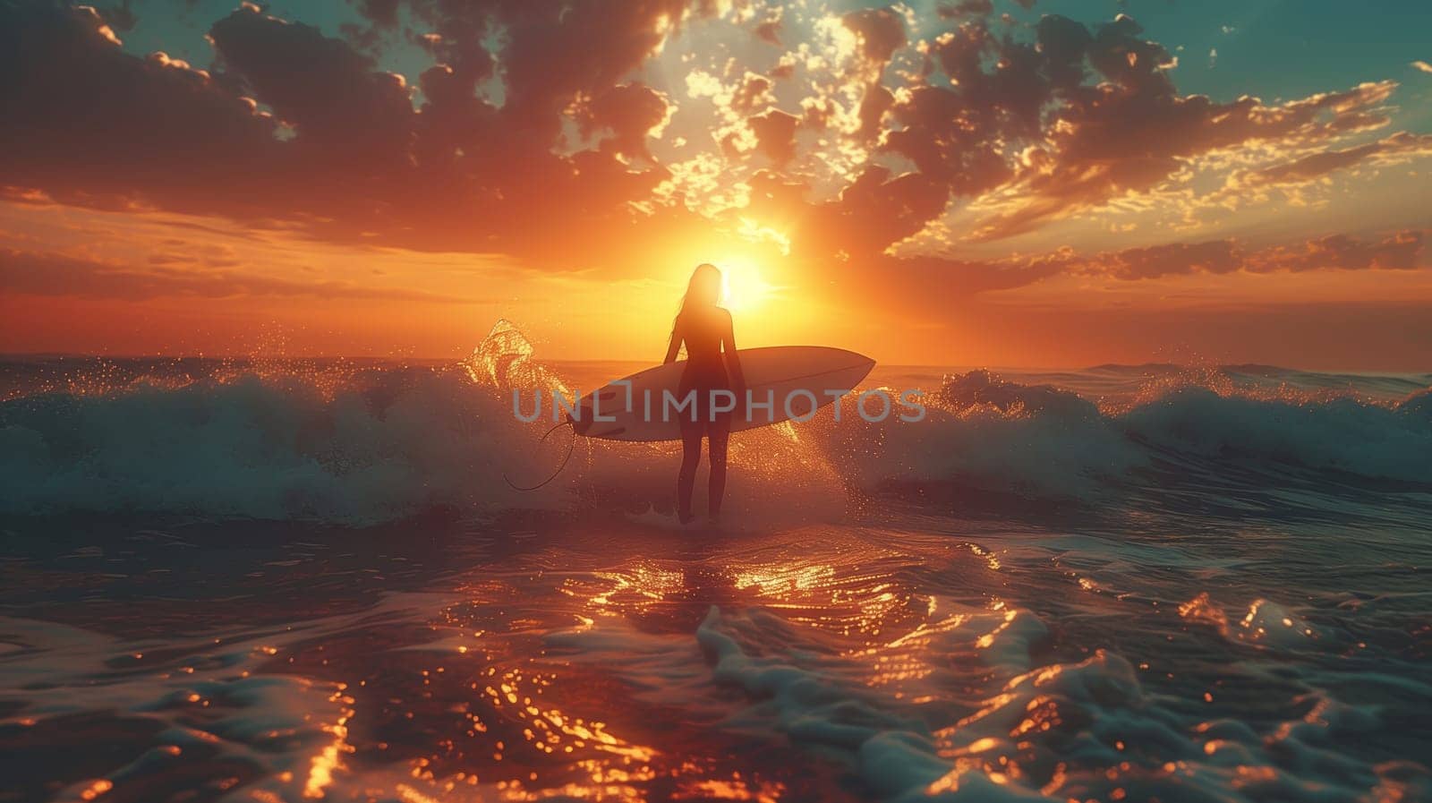 A woman stands in the ocean holding a surfboard with her back turned to the camera. The ocean is in the foreground and the sunset is behind her. The sky is a beautiful orange and pink with clouds.