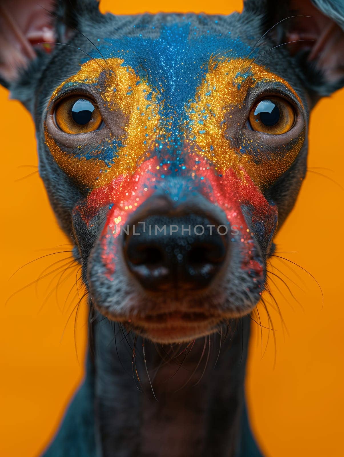 A close-up portrait of an Italian Greyhound with a black and tan coat. The dogs face is covered in colorful glitter makeup, creating a vibrant and playful look. The dog is looking directly at the camera with a curious expression, its eyes wide and bright. The background is a solid orange, highlighting the dogs striking features.