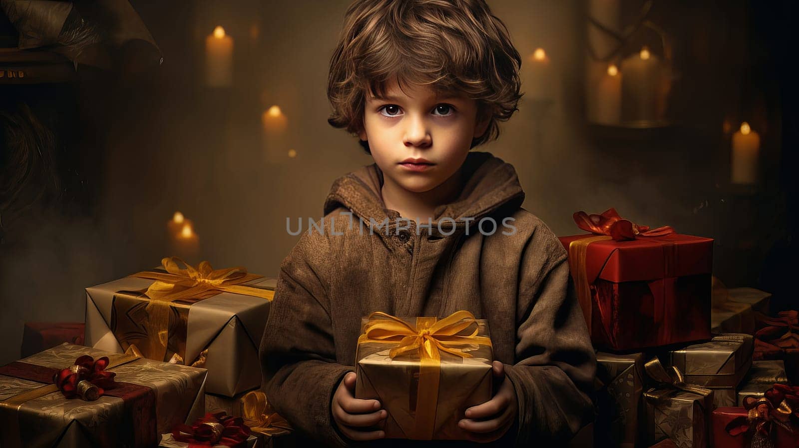 Cute little boy with gift box. High quality photo