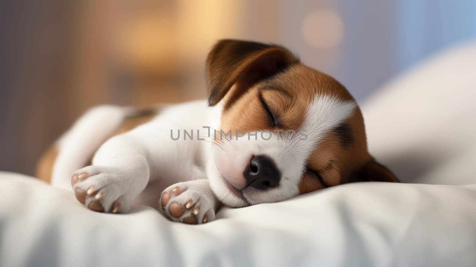 Jack russel terrier puppy sleeping on white bed. Ai art