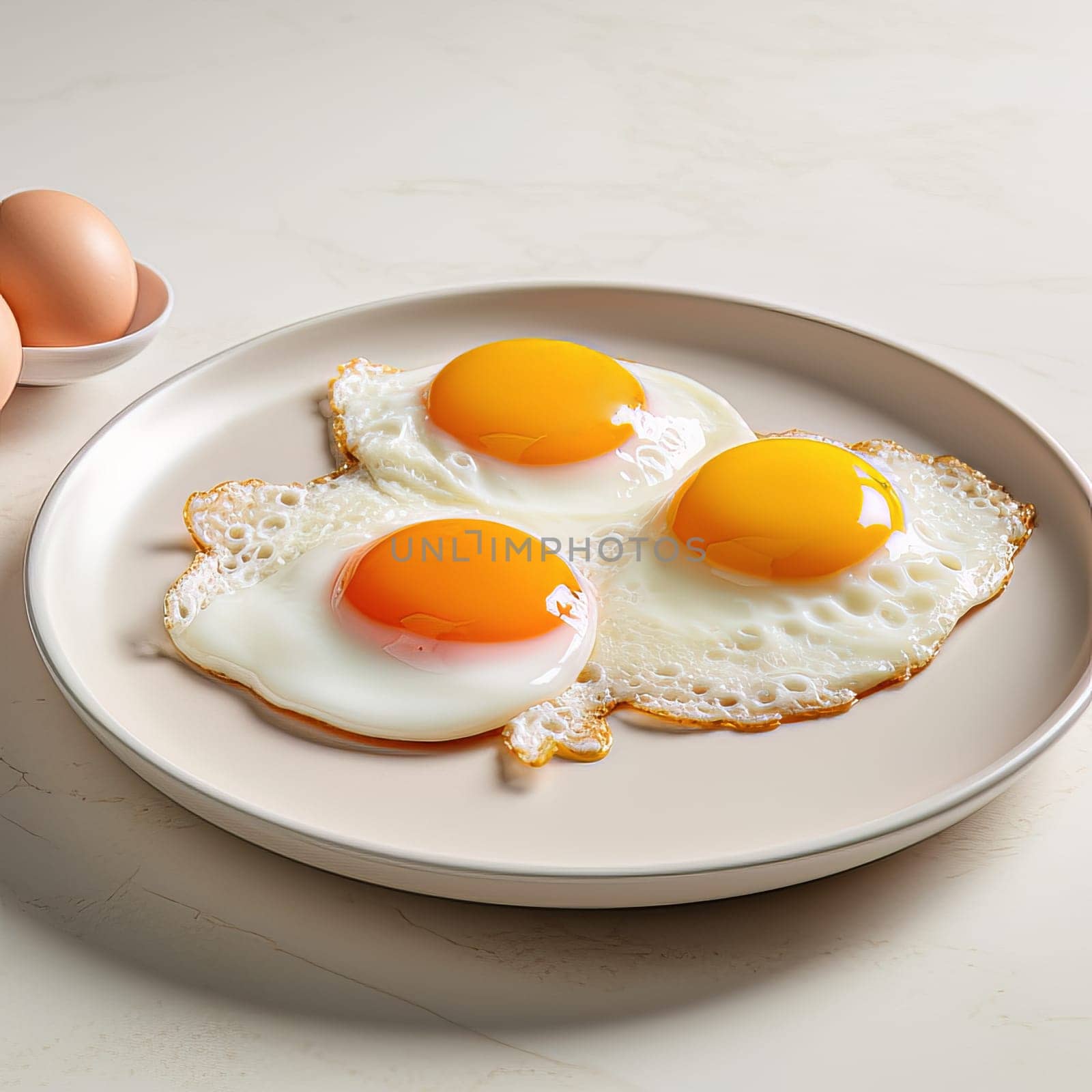 Fried eggs on a modern plate on a white table. Healthy breakfast. High quality photo