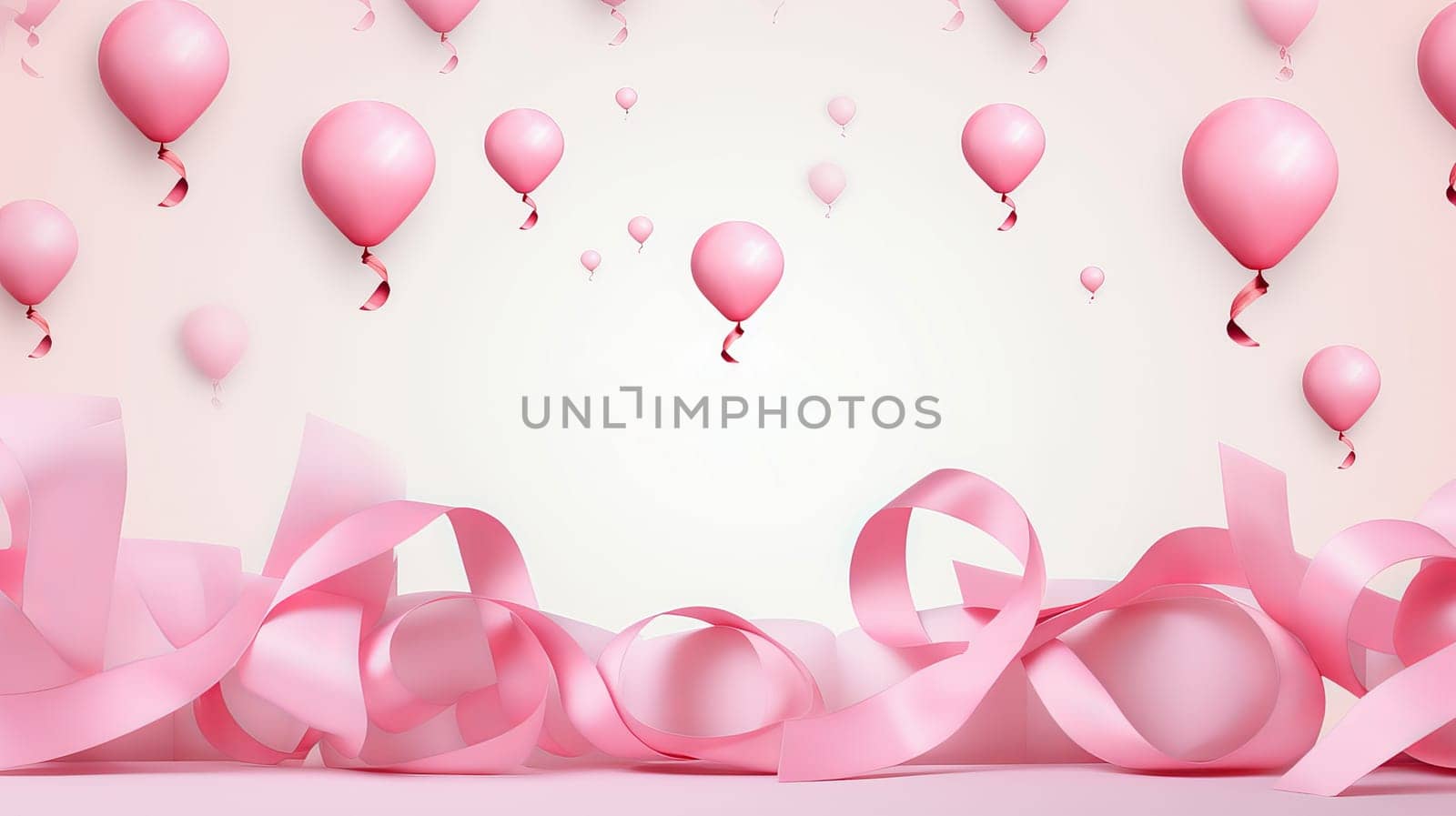 White background with pink ribbons and balloons. Banner with copyspace, Ai art