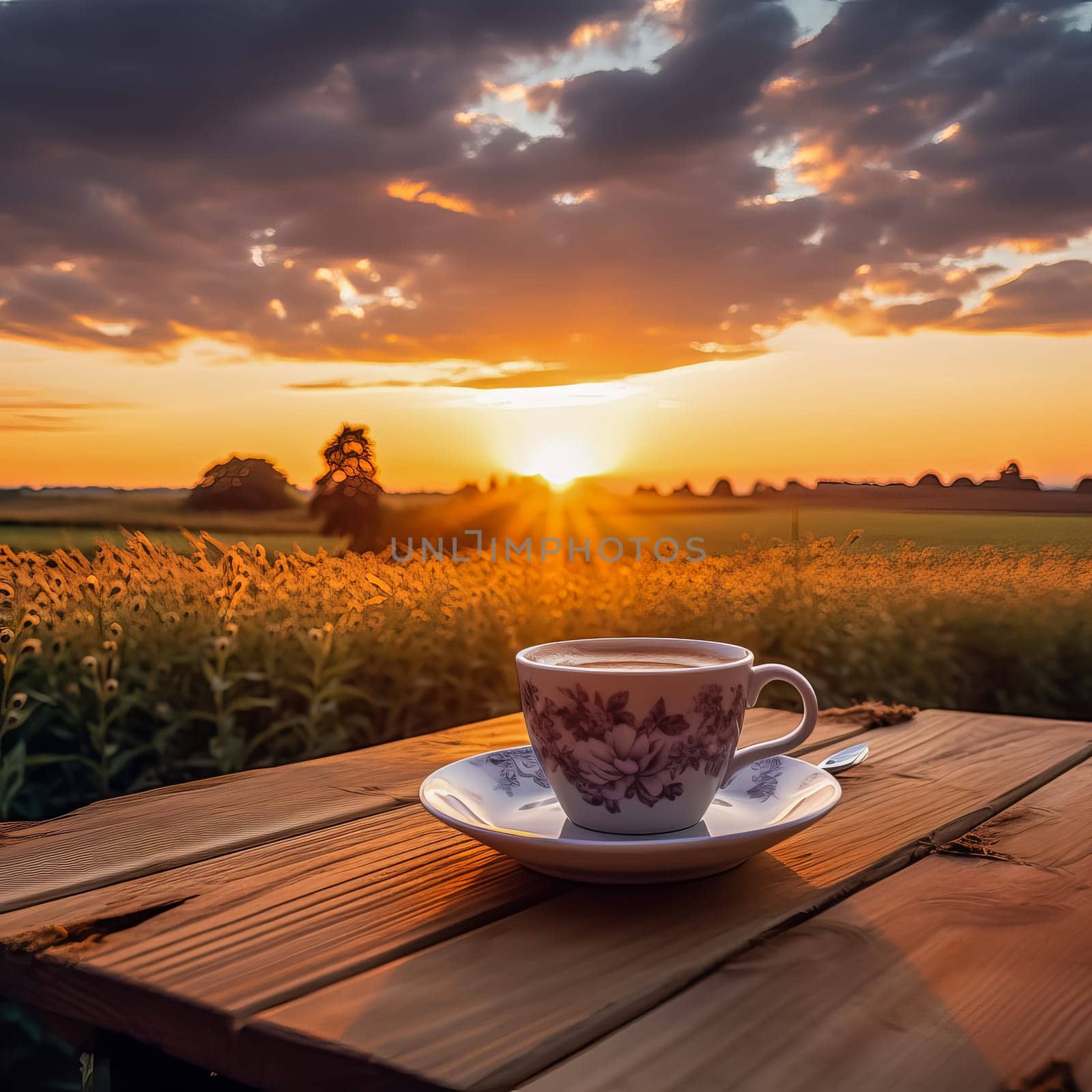 A cup of coffee on a table in front of a field with at sunset. Ai art