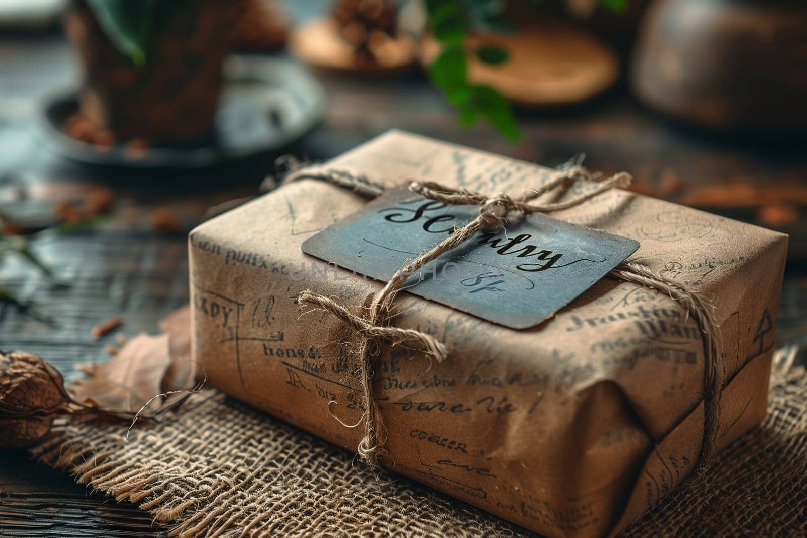 A close-up image of a package wrapped in brown paper with a handwritten tag that reads Sentry. The package is tied with twine and sits on a burlap surface on a rustic wooden tabletop. The image has a vintage and cozy feel, evoking a sense of anticipation and mystery.