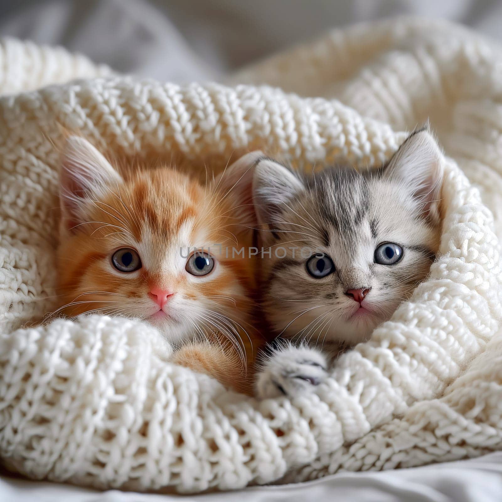 Little cute kittens sitting on the bed on a blanket. Ai art