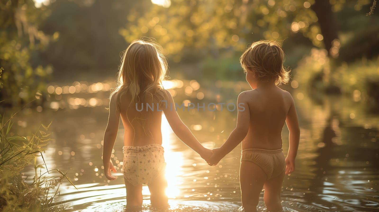 Two young children, a boy and a girl, hold hands and wade in a shallow river. The sun is setting behind them, casting a warm glow over the water. The children are both wearing swimsuits. The image evokes a sense of childhood innocence and joy.