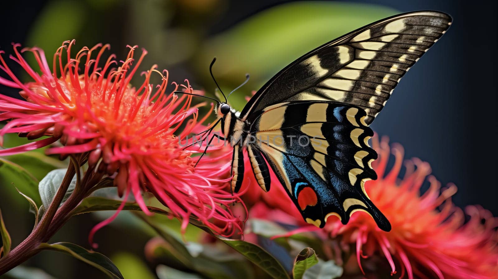 Beautiful multi-colored butterfly on a flower. Beauty in nature. Ai art.