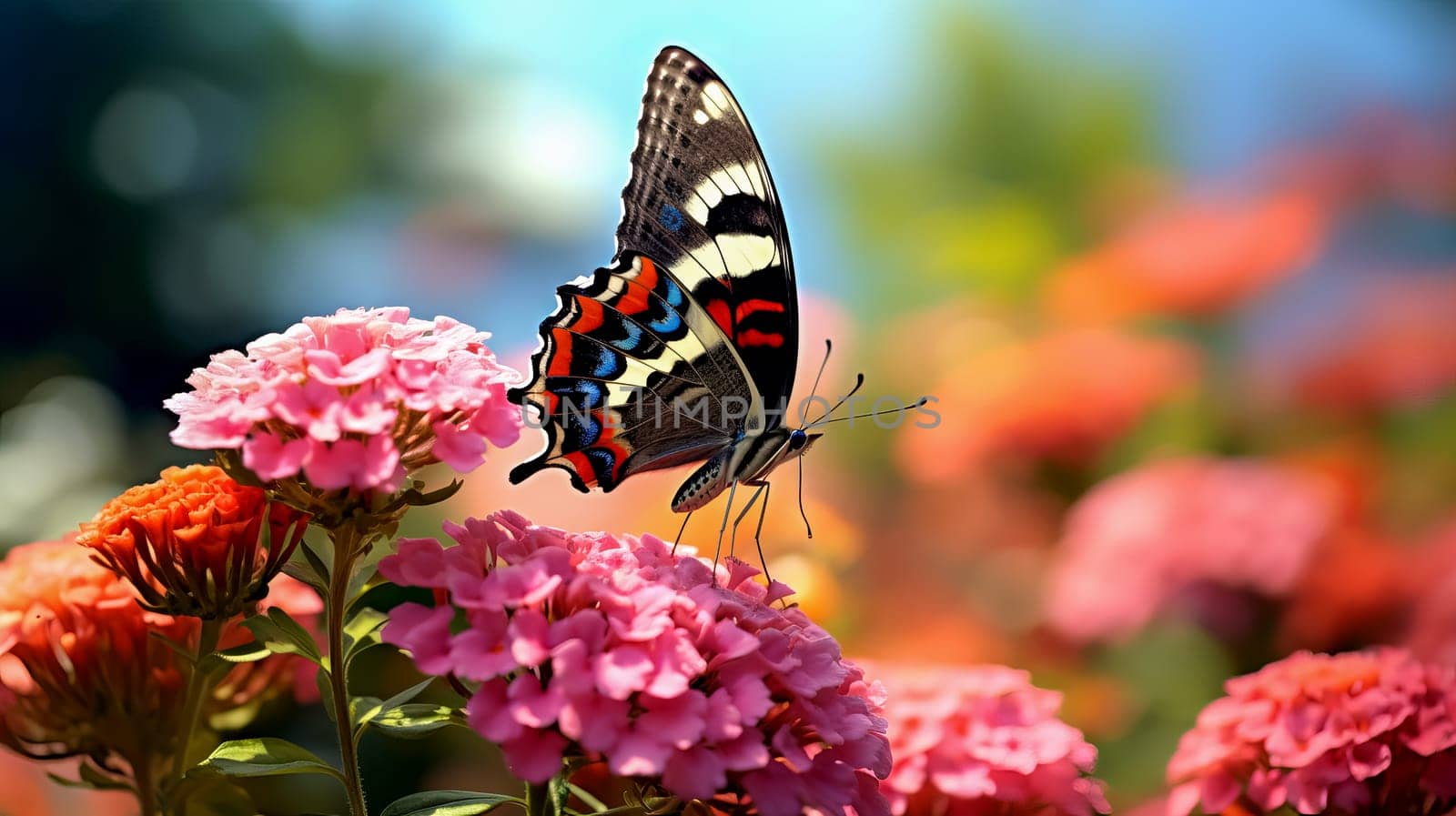 Beautiful multi-colored butterfly on a flower. Beauty in nature. Ai art.