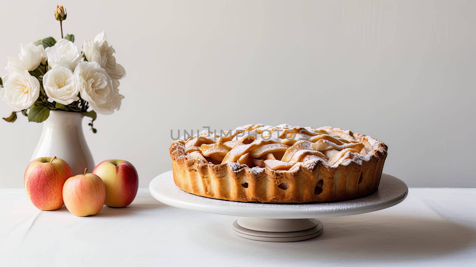 Apple pie on a white table and cup of caffe in a cafe. High quality photo