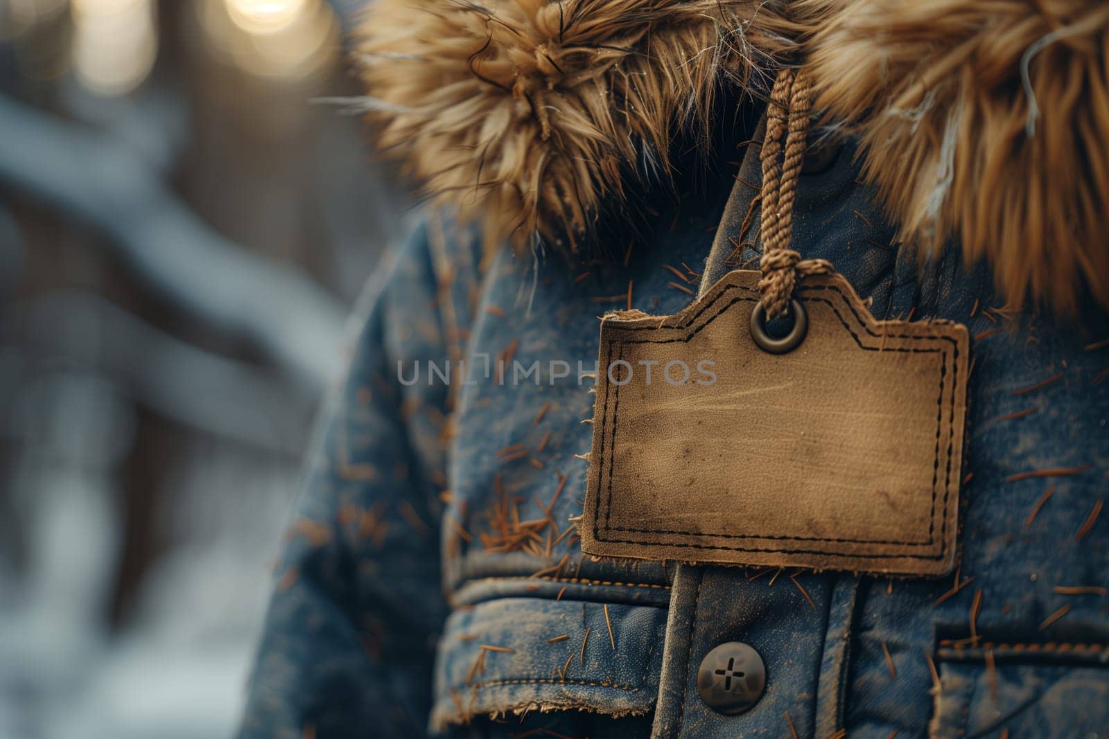 A close-up photograph of a blank leather tag hanging from the front of a blue denim jacket. The jacket is worn, with a hint of fur peeking out from the collar. The background is blurred and features a winter forest setting.