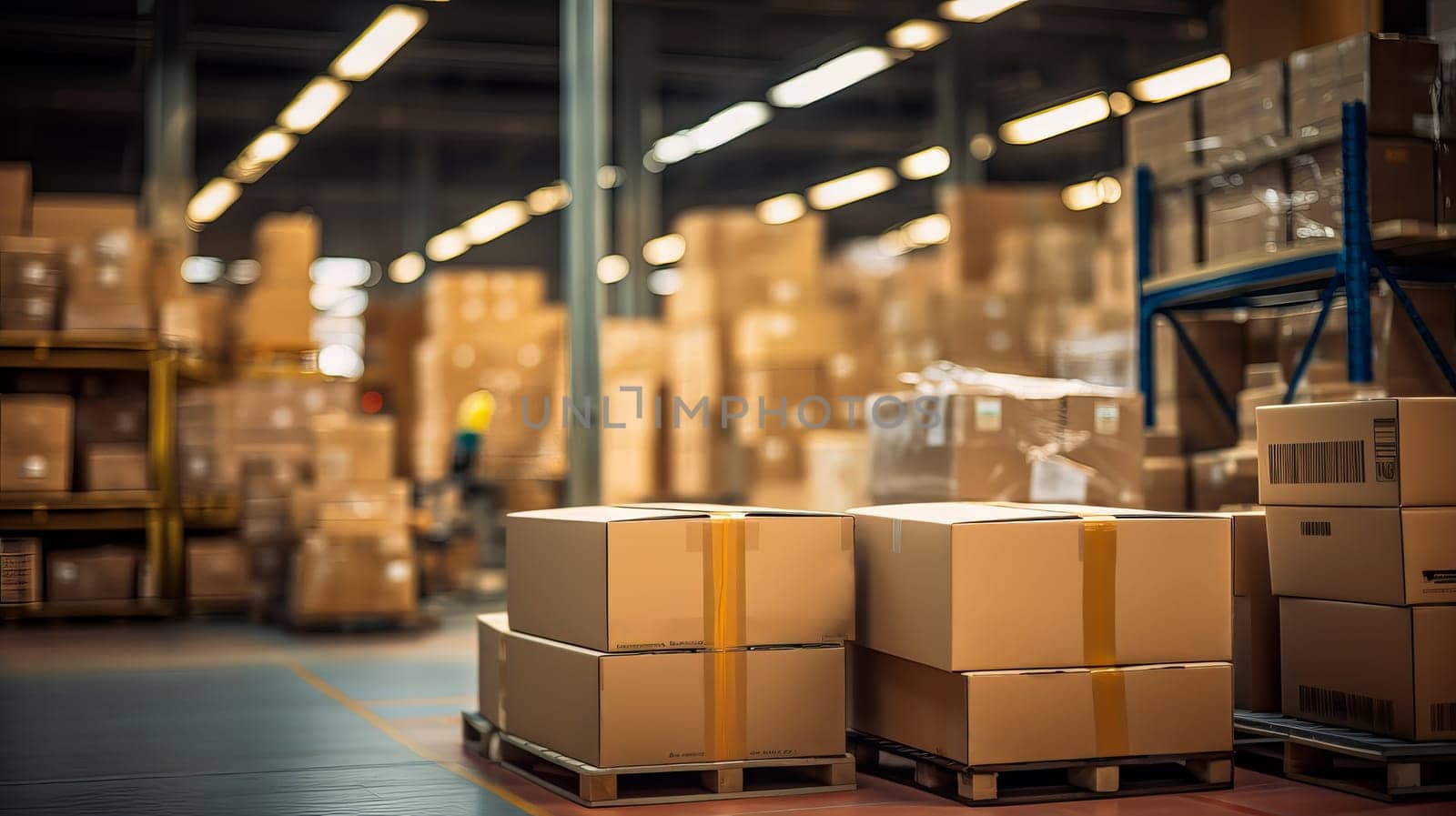 Distribution center with box packaging on shelves. Large warehouse with packaged goods. Ai art