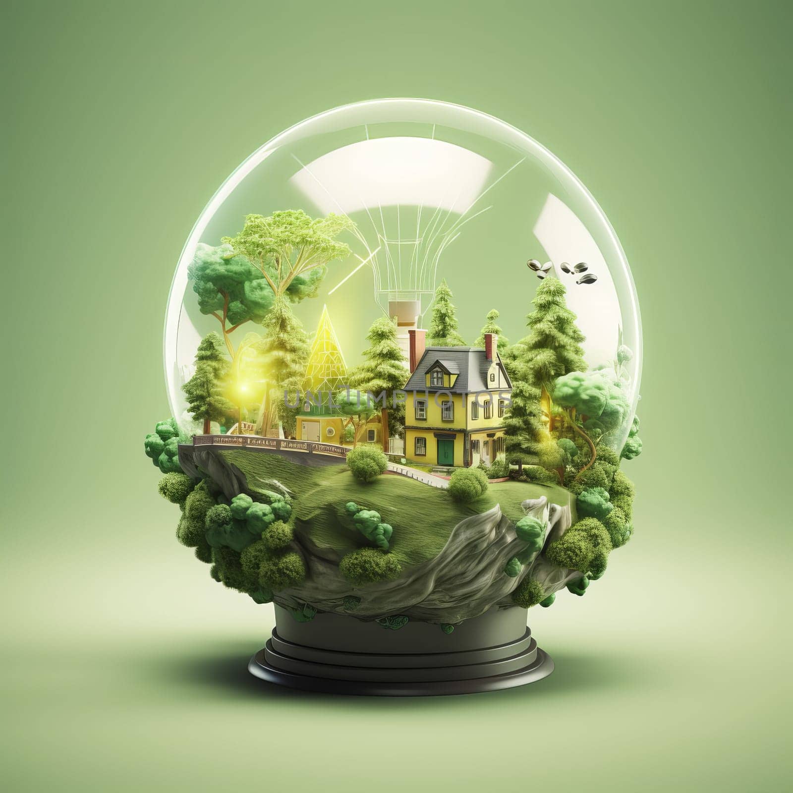 Green energy concept. Small green island with trees and houses under the glass of an incandescent lamp. Ai art.