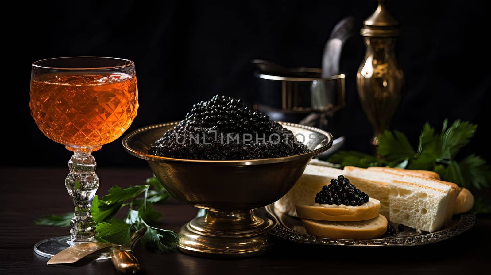 black caviar on plate redy to eat with pancakes and champagne. Ai art. High quality photo