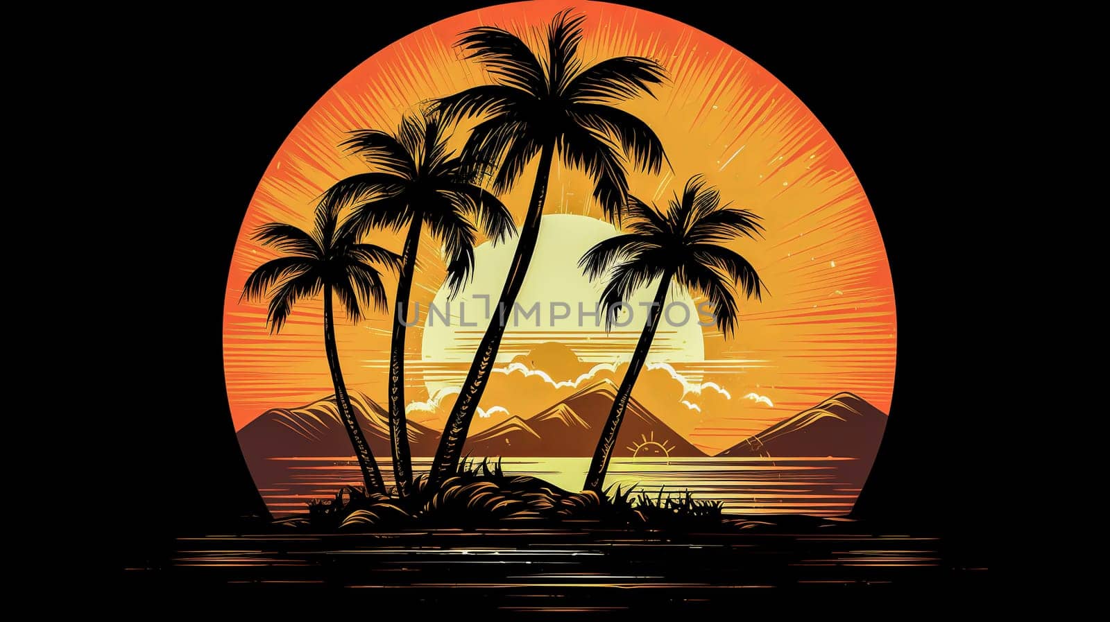 Round graphic palm tree and sun. Sunset on the sea. Ai generadet art. High quality photo