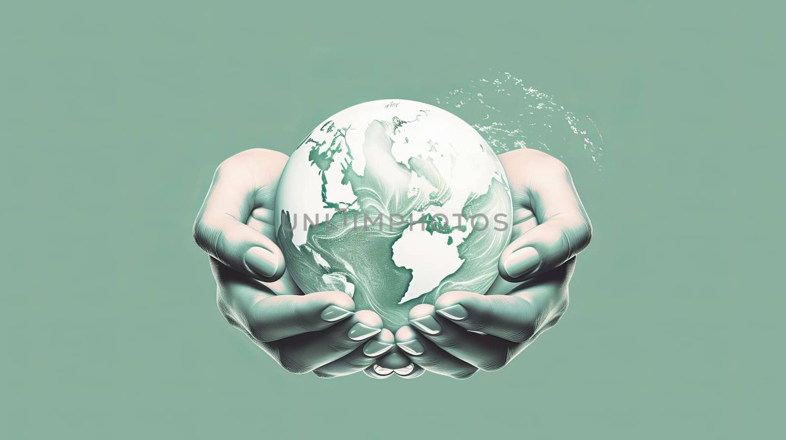 Hand holding the glass globe, white and light green color. Ai art.