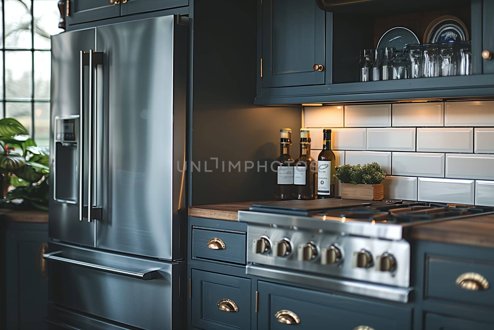 This is an image of a modern kitchen with stainless steel appliances. The kitchen features a stainless steel refrigerator with a bottom freezer drawer, a stainless steel stovetop, and a wooden countertop. There are three bottles of olive oil on the countertop, and a small plant in a wooden planter. The kitchen cabinets are painted a dark blue, and the backsplash is white subway tile. The kitchen is well-lit and appears to be a high-end, modern design.