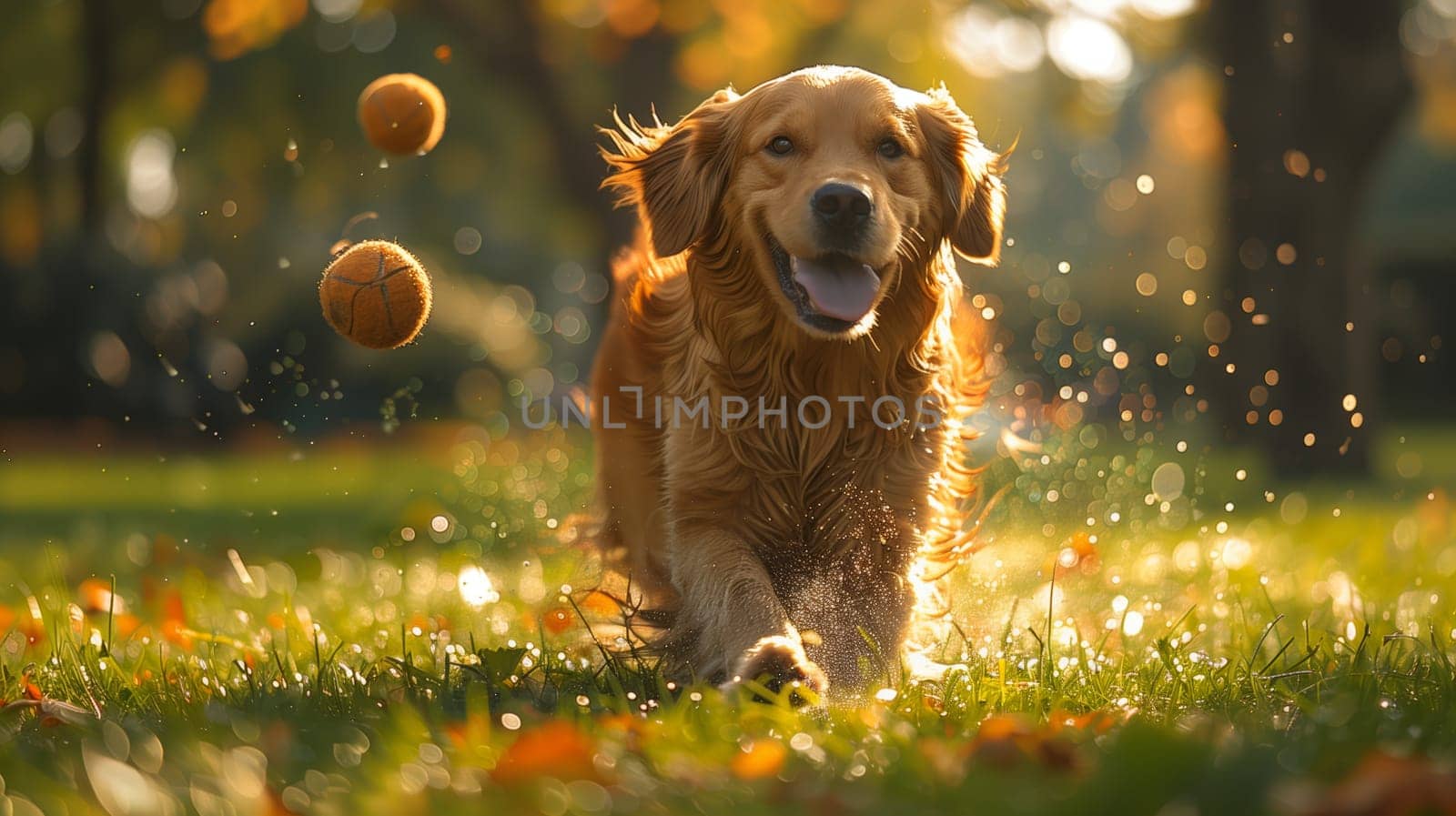 This image shows a golden retriever dog running through a park, with two balls flying in the air. The dog is excited and has its tongue out, enjoying the game. The background is a blur of green grass, fall leaves, and sunlight.
