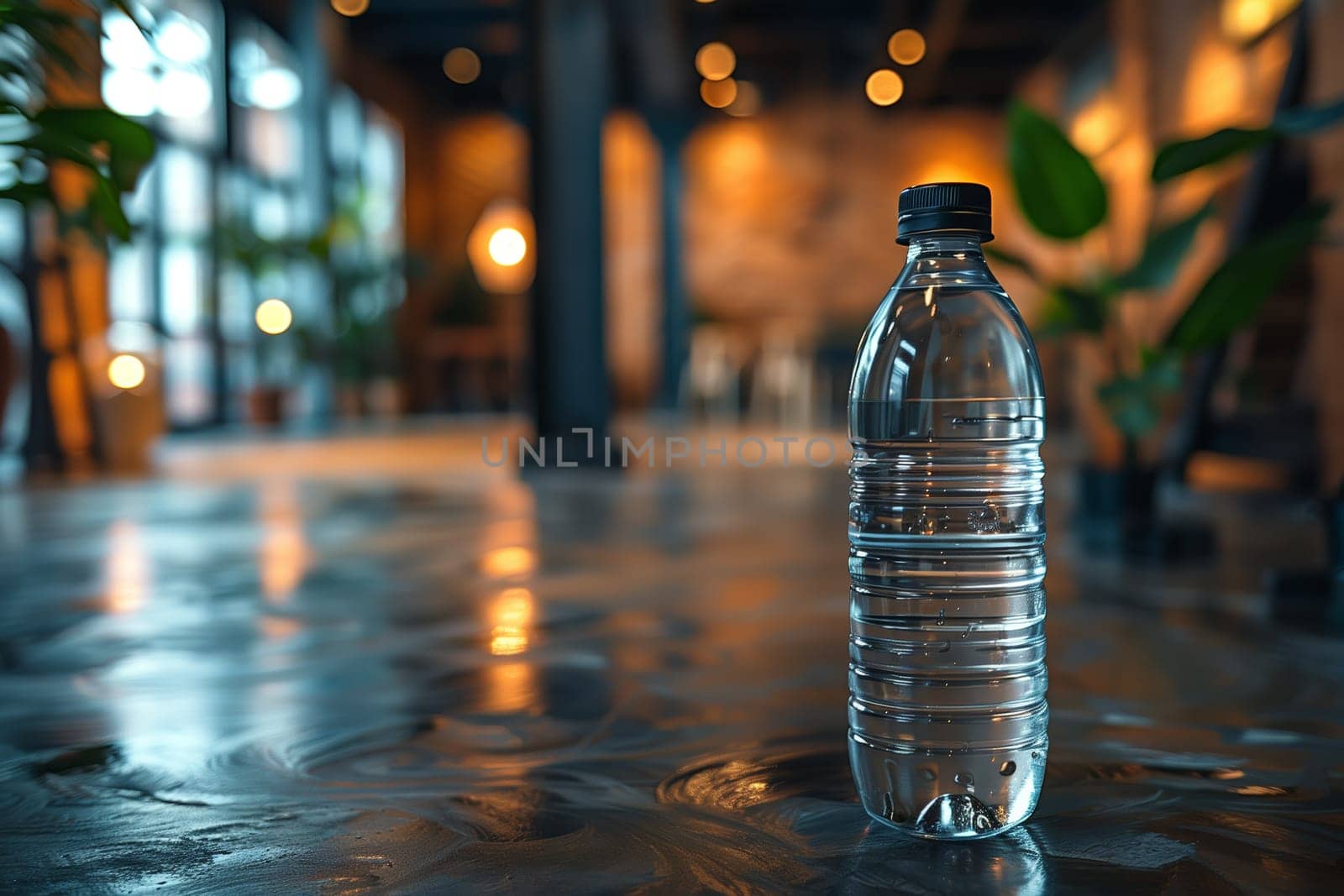 A clear plastic water bottle stands on a shiny floor, reflecting the ambient light from a modern interior. The blurred background features an open space with plants, windows, and warm lighting. The bottles simple design and the reflective surface create a minimalist and inviting atmosphere.
