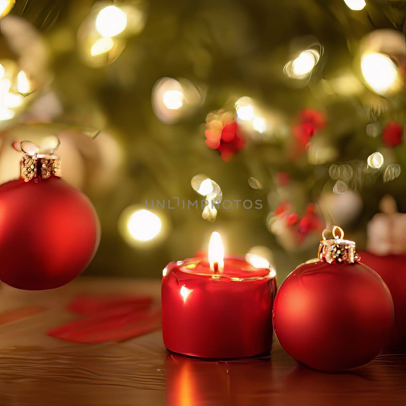 christmas decoration with candle and christmas tree . High quality photo