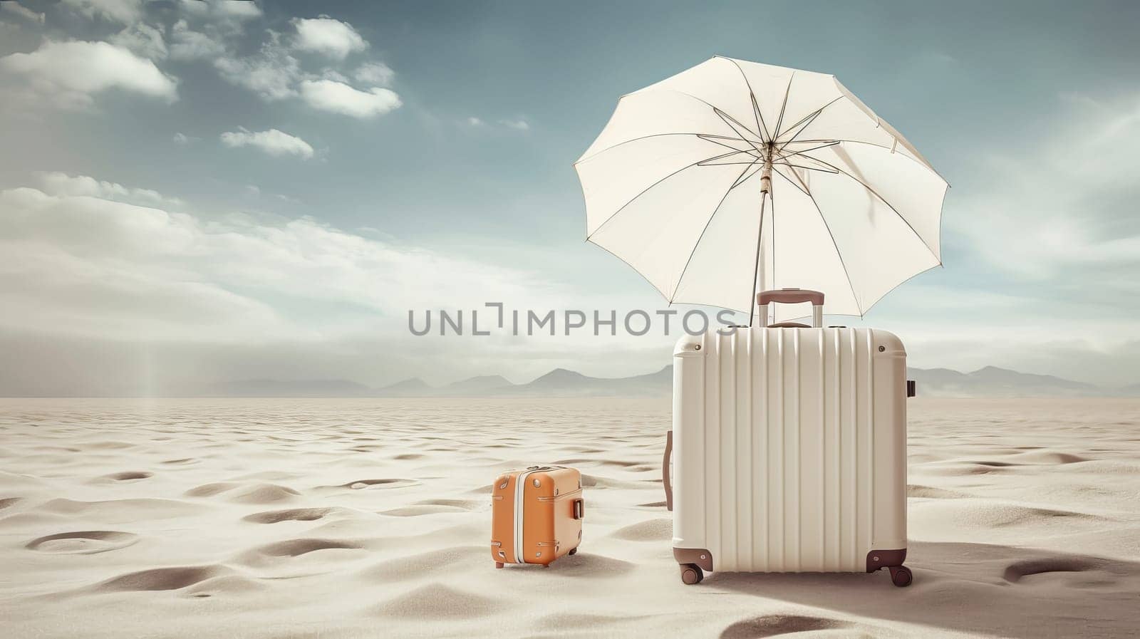 Travel suitcases and umbrella on the sand. Vacation concept. Ai generadet art. High quality photo