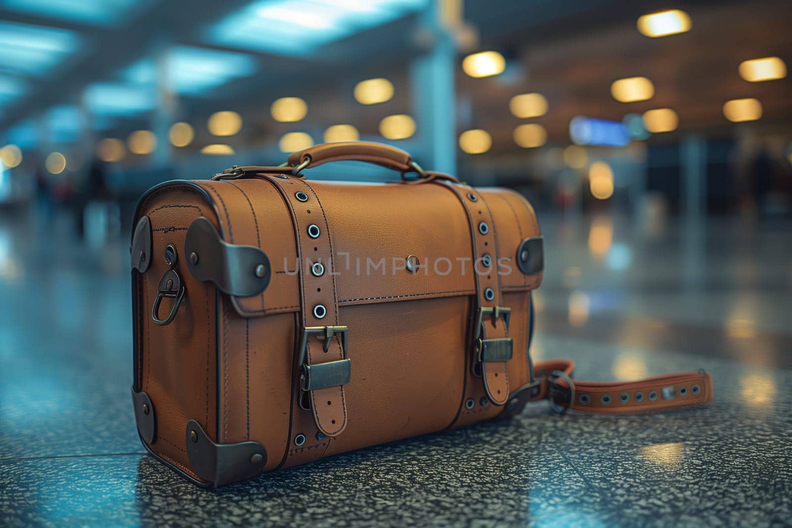 A close-up of a brown leather travel bag with multiple straps and buckles rests on a tiled floor. The bag is positioned in an airport, with blurred lights and background elements suggesting a bustling atmosphere. The bags worn leather and vintage design evoke a sense of adventure and journey.